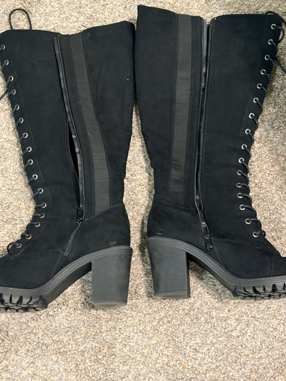Black Lace-Up Knee-High Block Heel Boots